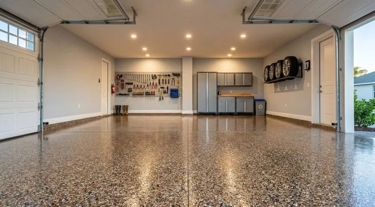 Long-lasting decorative flake epoxy floor in a clean Duval County garage