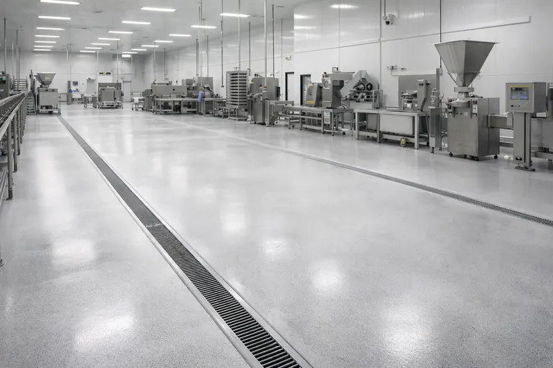 Food processing plant floor with drainage channel Duval County