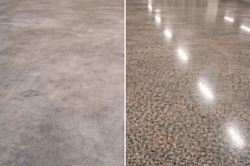 Polished concrete before and after — raw concrete vs high-gloss finish Duval County