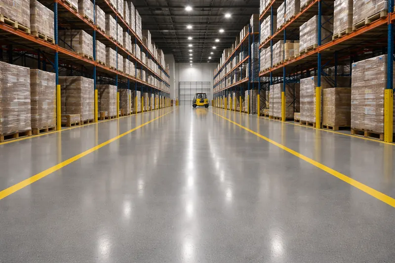 Warehouse epoxy floor with yellow safety line markings Duval County